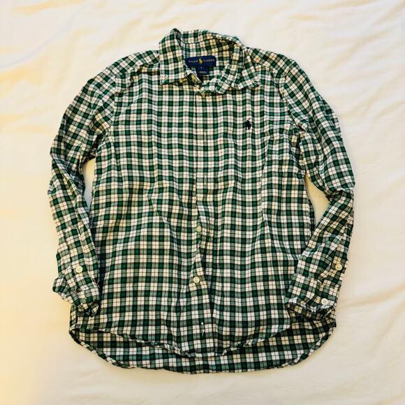 Ralph Lauren Dark Green White Black Plaid Boys Button Down Flannel Shirt Size 7 - Picture 1 of 5